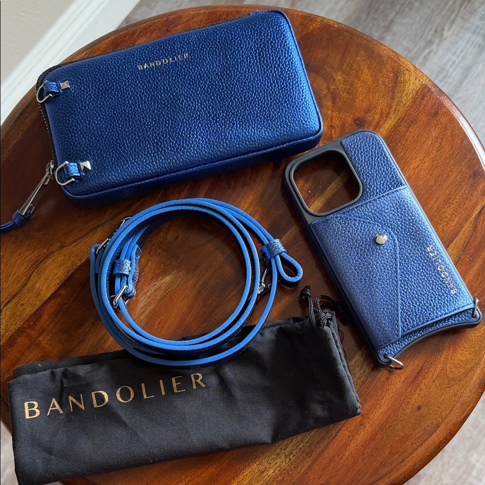Bandolier Navy Leather Phone Case and Wallet Set